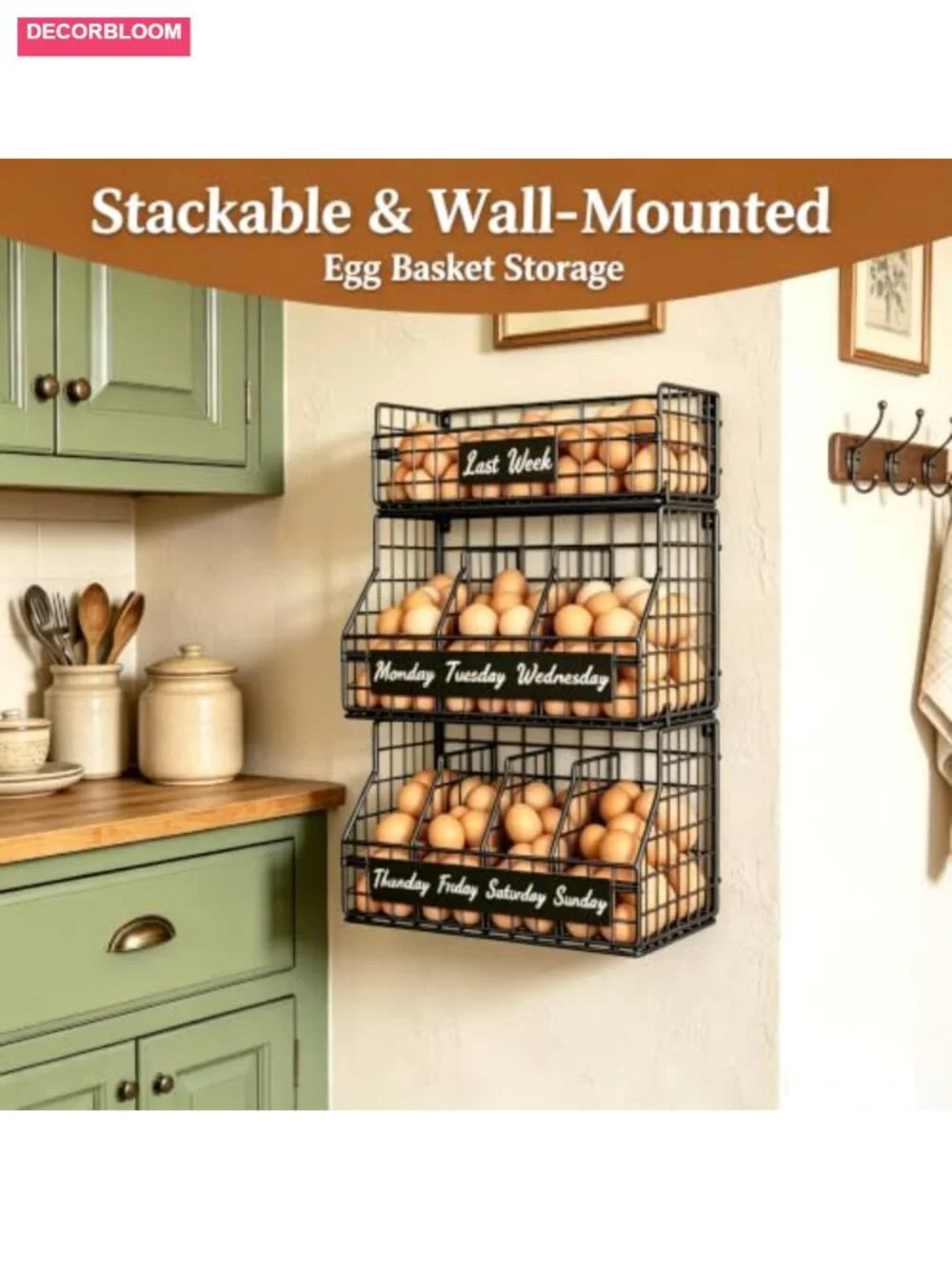 3 Tier Stackable Egg Holder with Dividers & Labels, Wall Mountable Carbon Steel